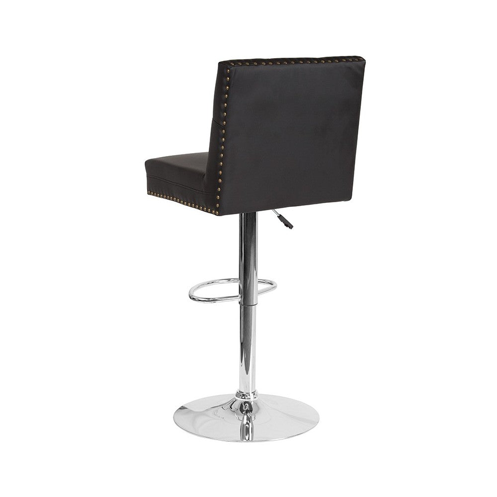 Ravello Contemporary Adjustable Height Barstool with Accent Nail Trim in Black LeatherSoft