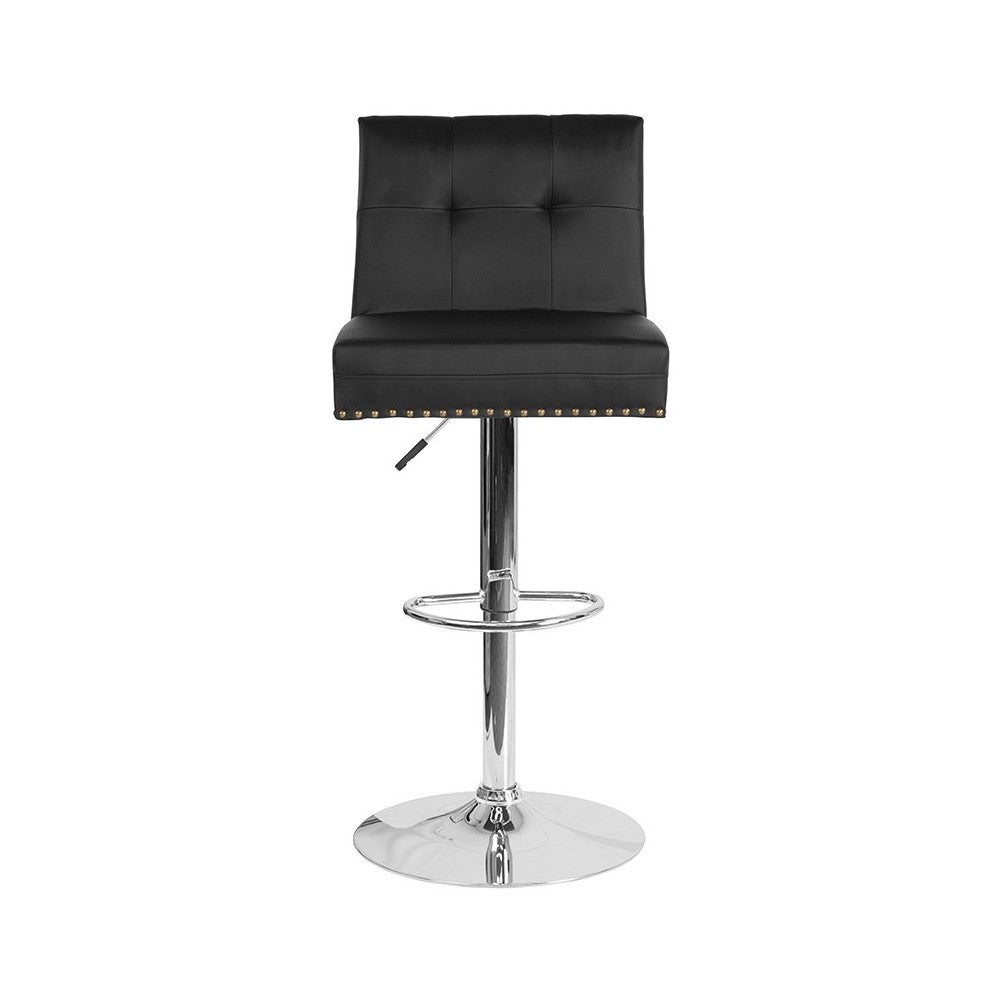 Ravello Contemporary Adjustable Height Barstool with Accent Nail Trim in Black LeatherSoft