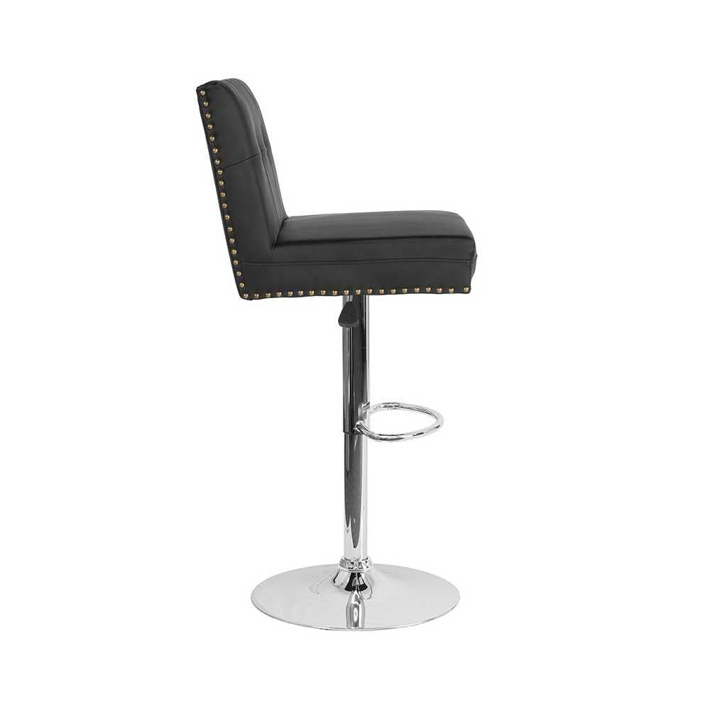 Ravello Contemporary Adjustable Height Barstool with Accent Nail Trim in Black LeatherSoft