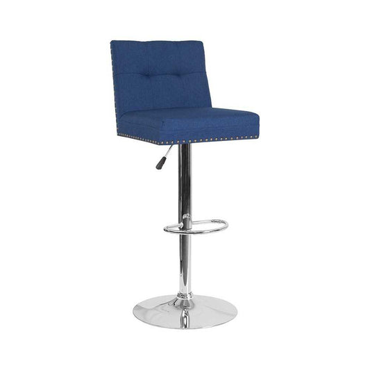 Ravello Contemporary Adjustable Height Barstool with Accent Nail Trim in Blue Fabric