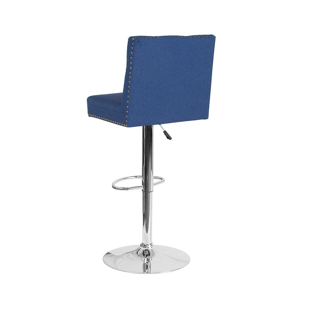 Ravello Contemporary Adjustable Height Barstool with Accent Nail Trim in Blue Fabric