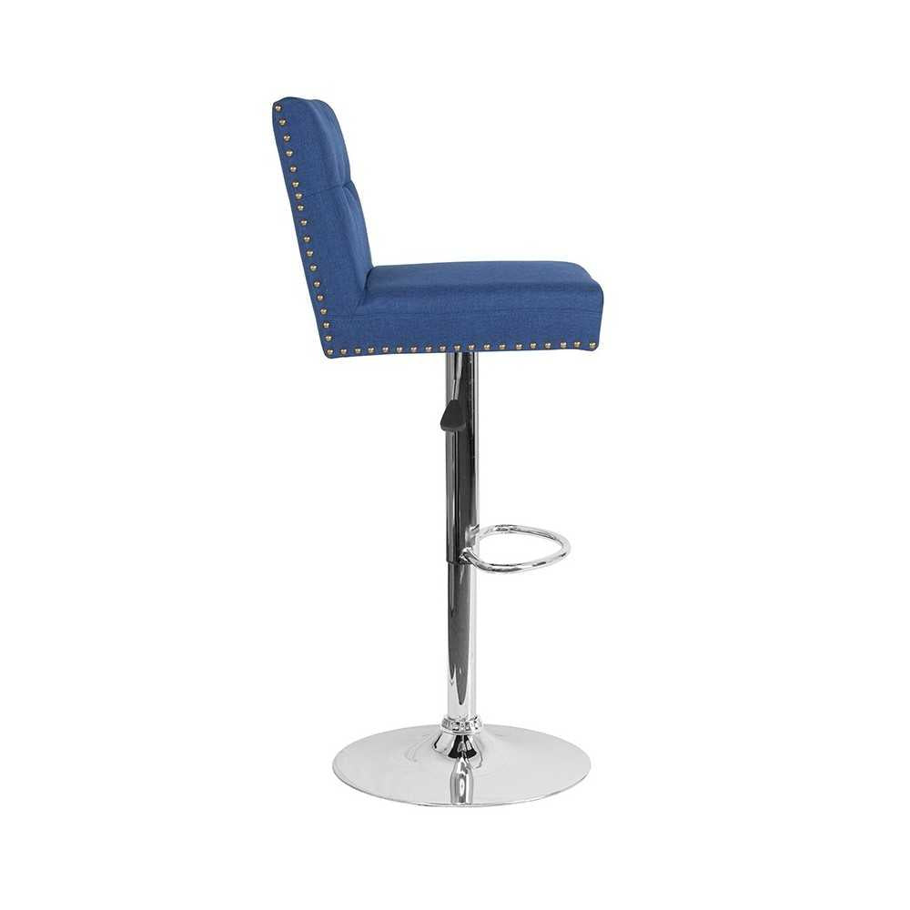 Ravello Contemporary Adjustable Height Barstool with Accent Nail Trim in Blue Fabric