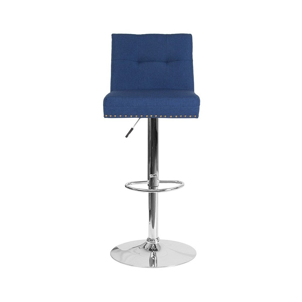 Ravello Contemporary Adjustable Height Barstool with Accent Nail Trim in Blue Fabric