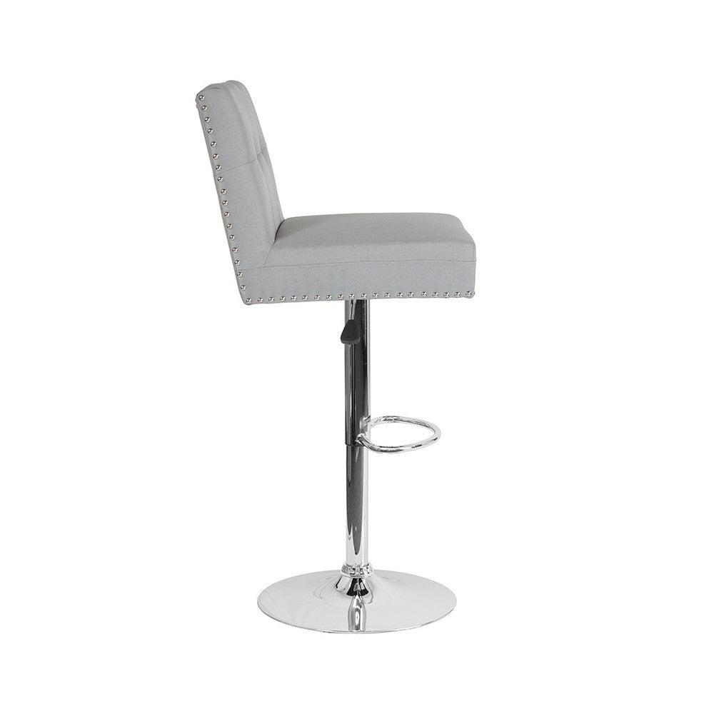 Ravello Contemporary Adjustable Height Barstool with Accent Nail Trim in Light Gray Fabric