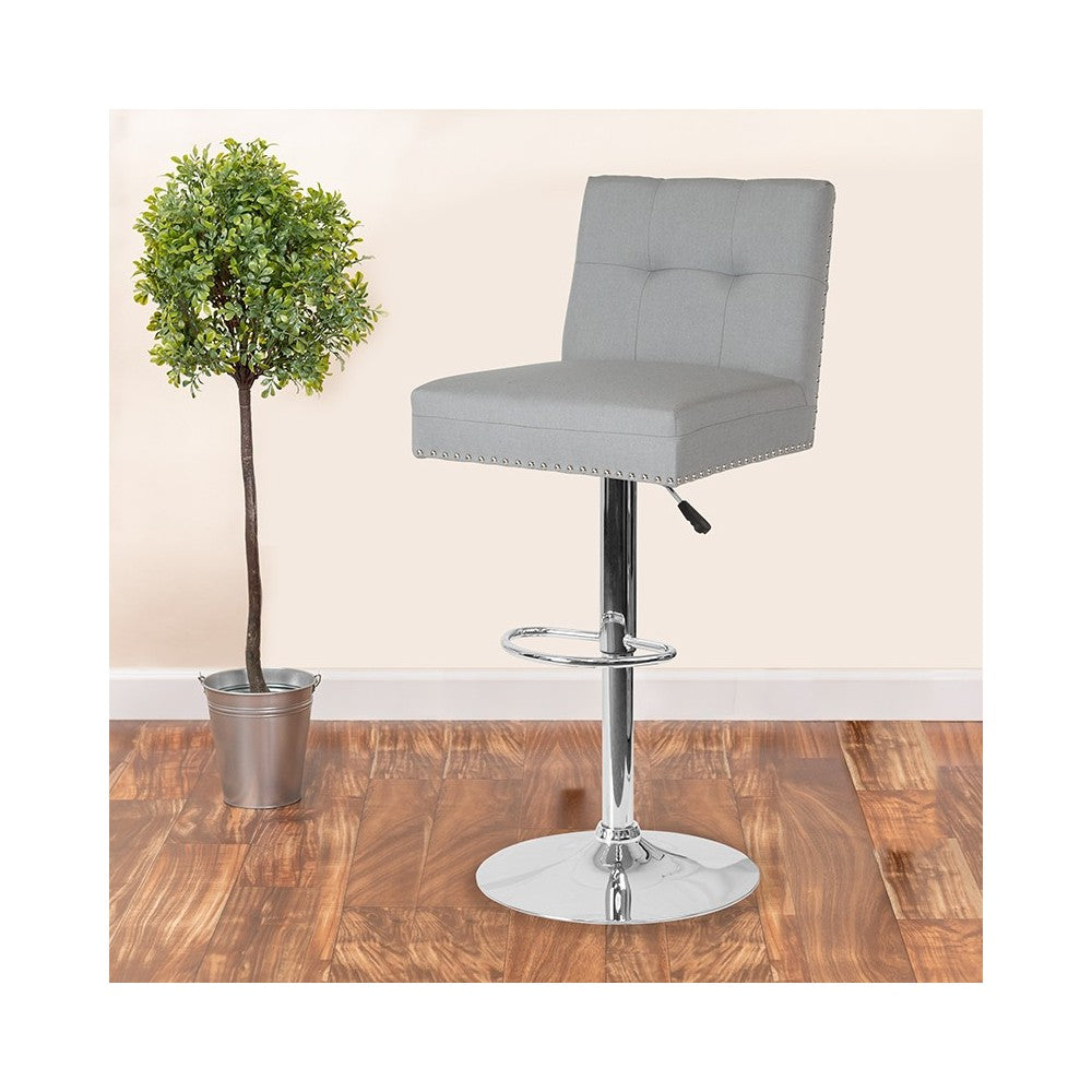 Ravello Contemporary Adjustable Height Barstool with Accent Nail Trim in Light Gray Fabric