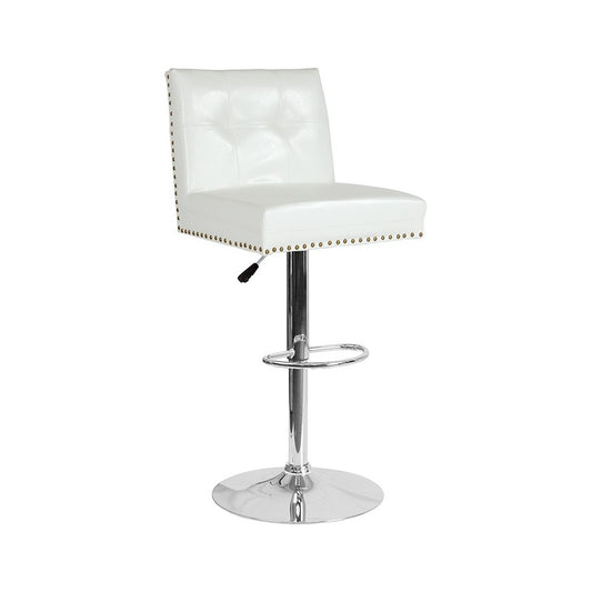 Ravello Contemporary Adjustable Height Barstool with Accent Nail Trim in White LeatherSoft