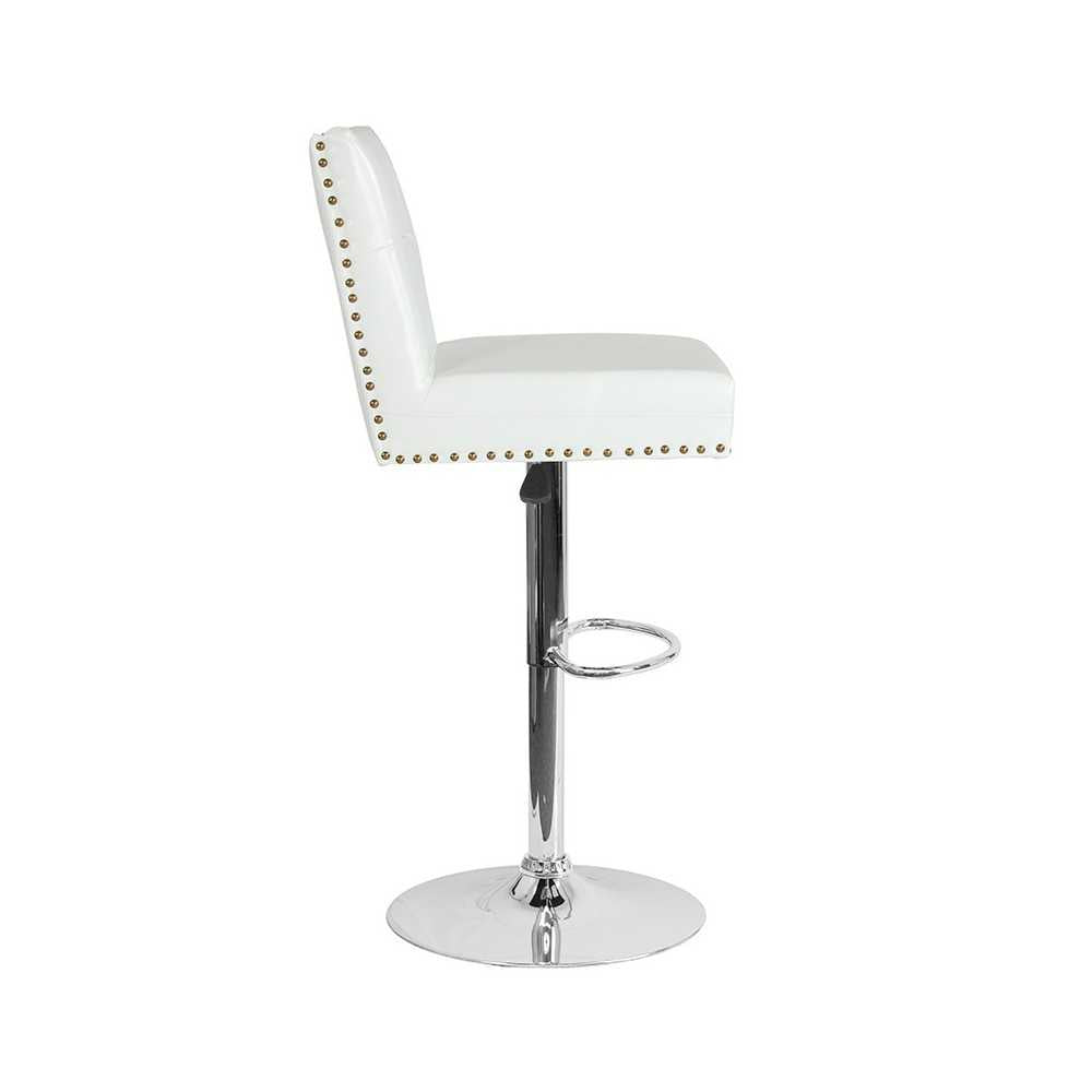 Ravello Contemporary Adjustable Height Barstool with Accent Nail Trim in White LeatherSoft