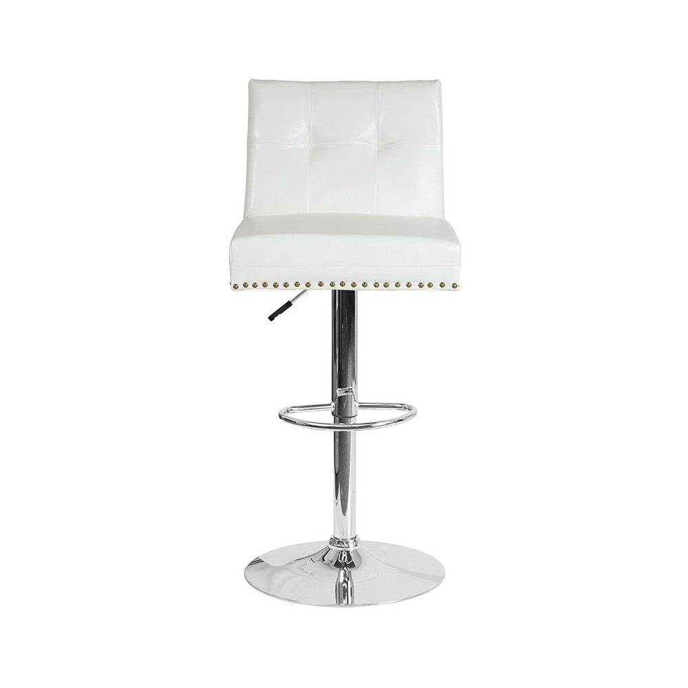 Ravello Contemporary Adjustable Height Barstool with Accent Nail Trim in White LeatherSoft