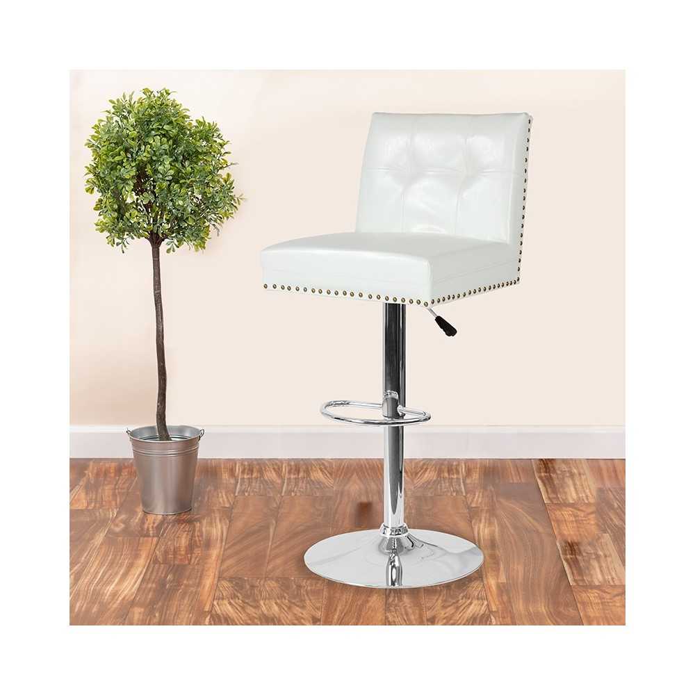 Ravello Contemporary Adjustable Height Barstool with Accent Nail Trim in White LeatherSoft