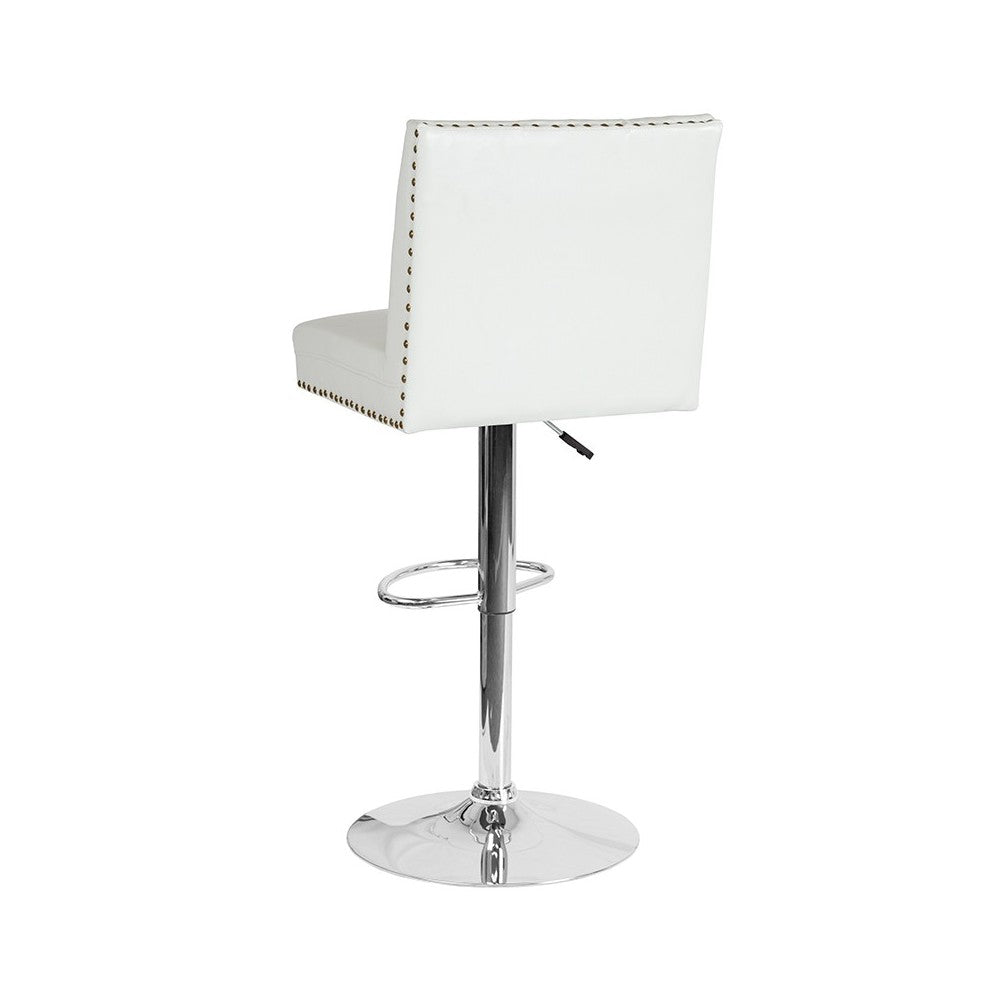 Ravello Contemporary Adjustable Height Barstool with Accent Nail Trim in White LeatherSoft