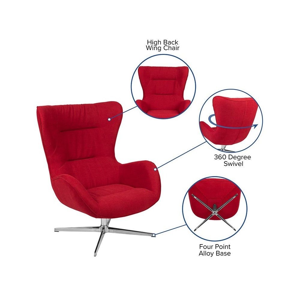Red Fabric Swivel Wing Chair and Ottoman Set
