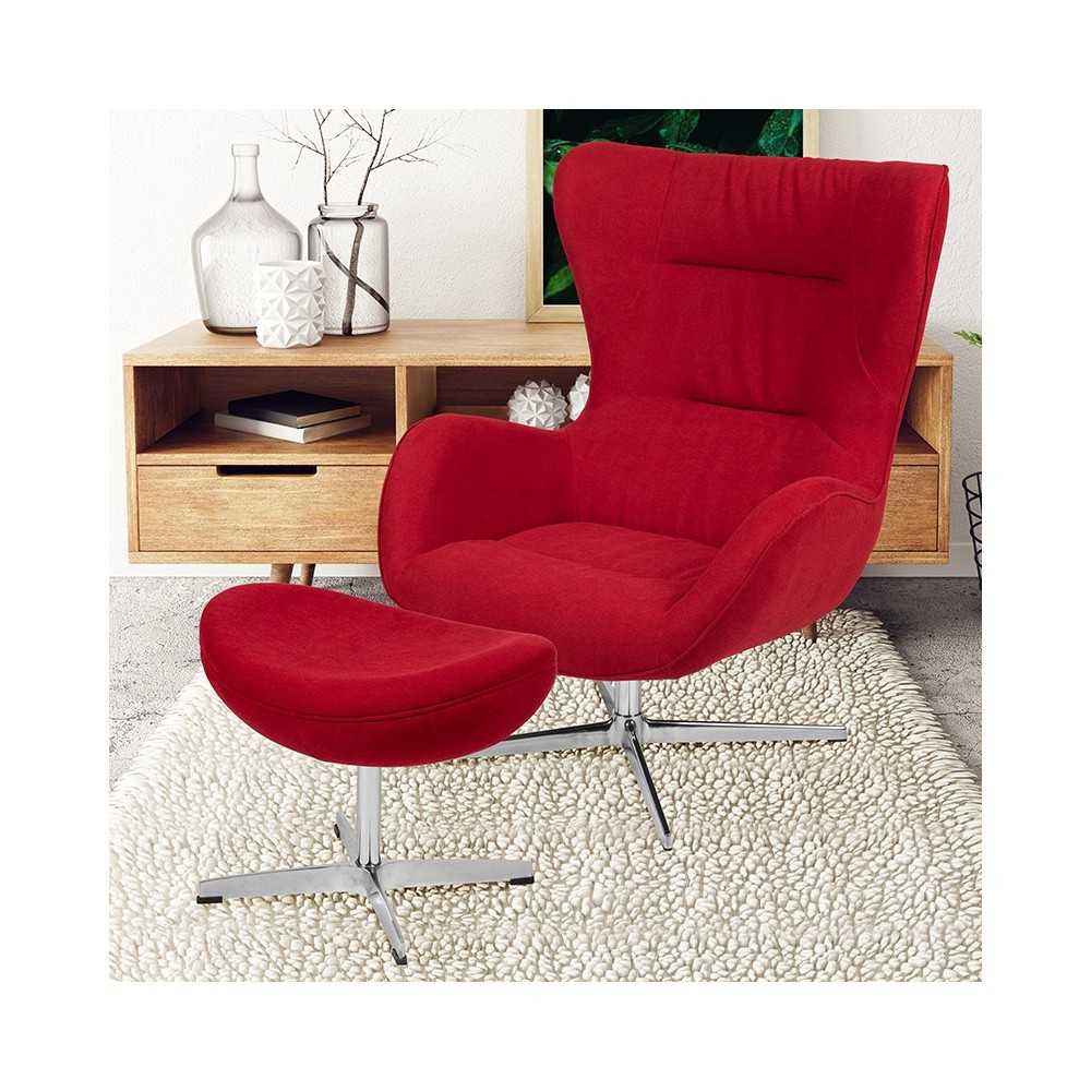 Red Fabric Swivel Wing Chair and Ottoman Set