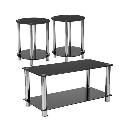 Riverside Collection 3 Piece Coffee and End Table Set with Black Glass Tops and Stainless Steel Frames