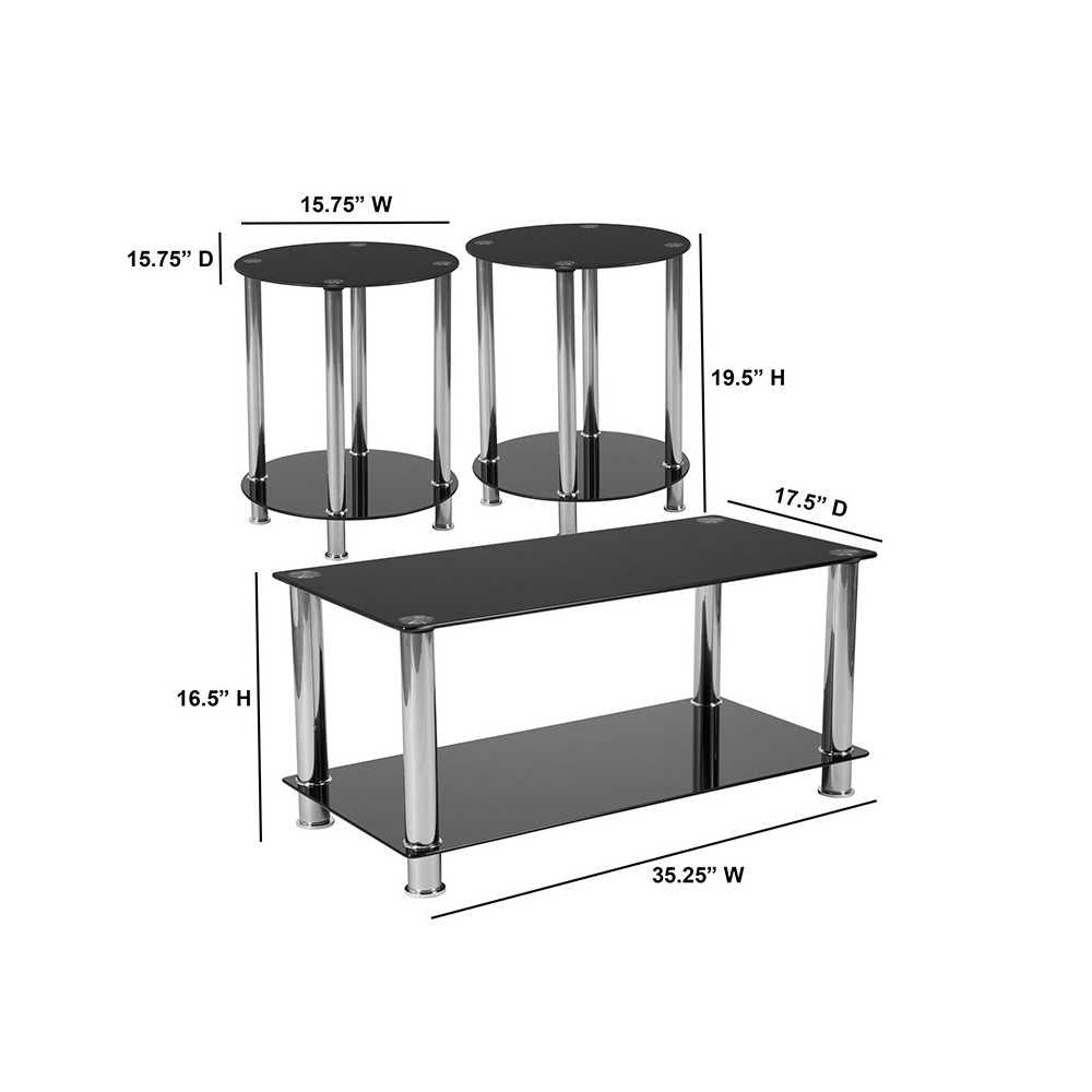 Riverside Collection 3 Piece Coffee and End Table Set with Black Glass Tops and Stainless Steel Frames