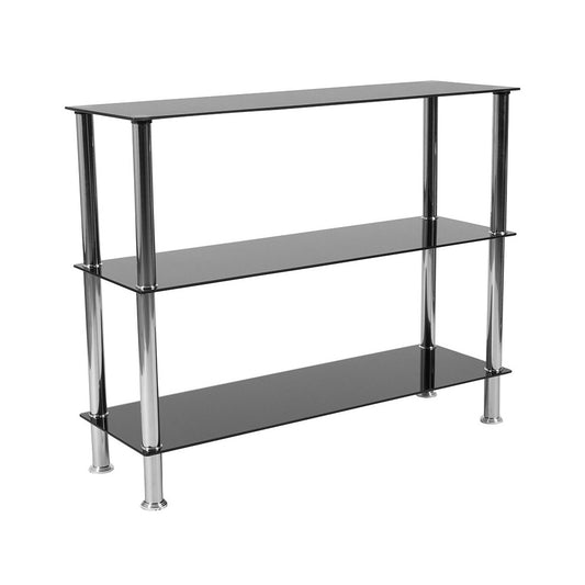 Riverside Collection 3 Shelf 31.5"H Glass Storage Display Unit Bookcase with Stainless Steel Frame in Black