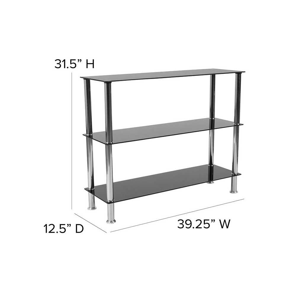 Riverside Collection 3 Shelf 31.5"H Glass Storage Display Unit Bookcase with Stainless Steel Frame in Black