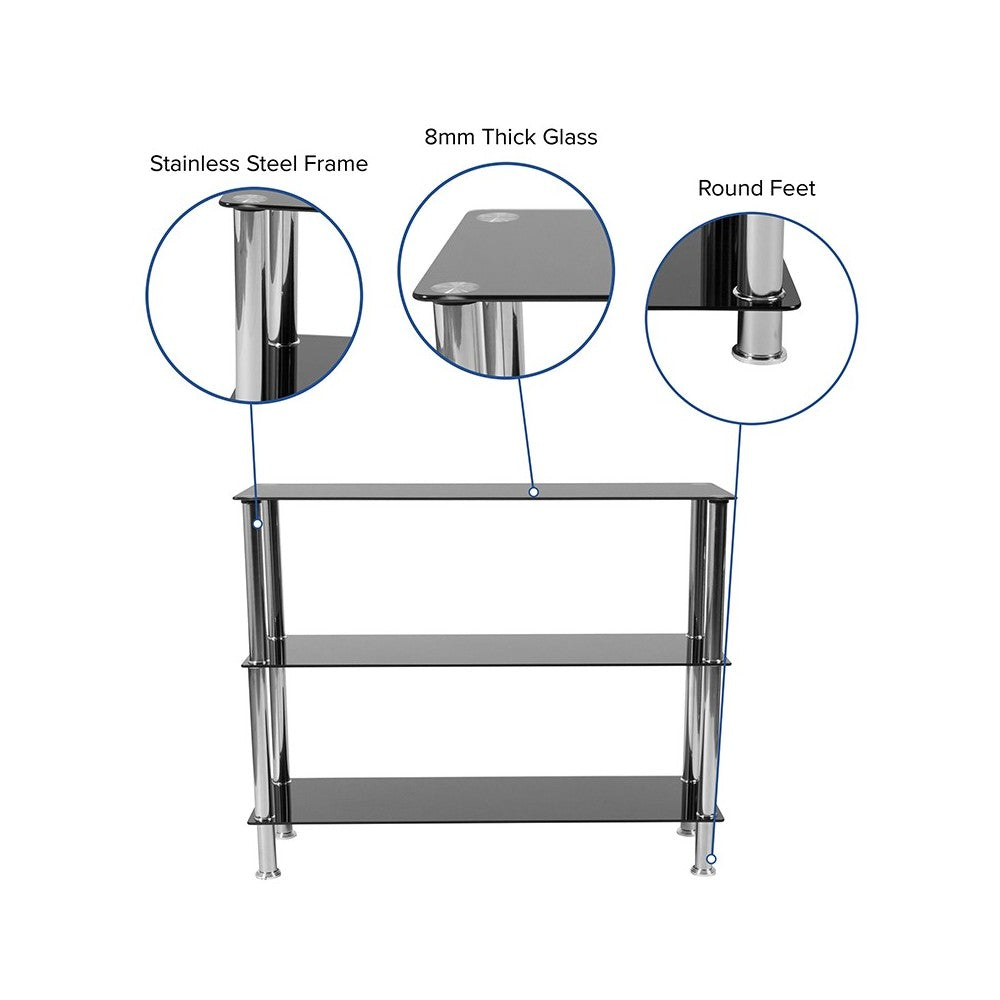 Riverside Collection 3 Shelf 31.5"H Glass Storage Display Unit Bookcase with Stainless Steel Frame in Black