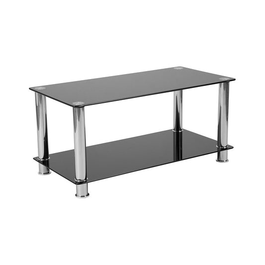 Riverside Collection Black Glass Coffee Table with Shelves and Stainless Steel Frame