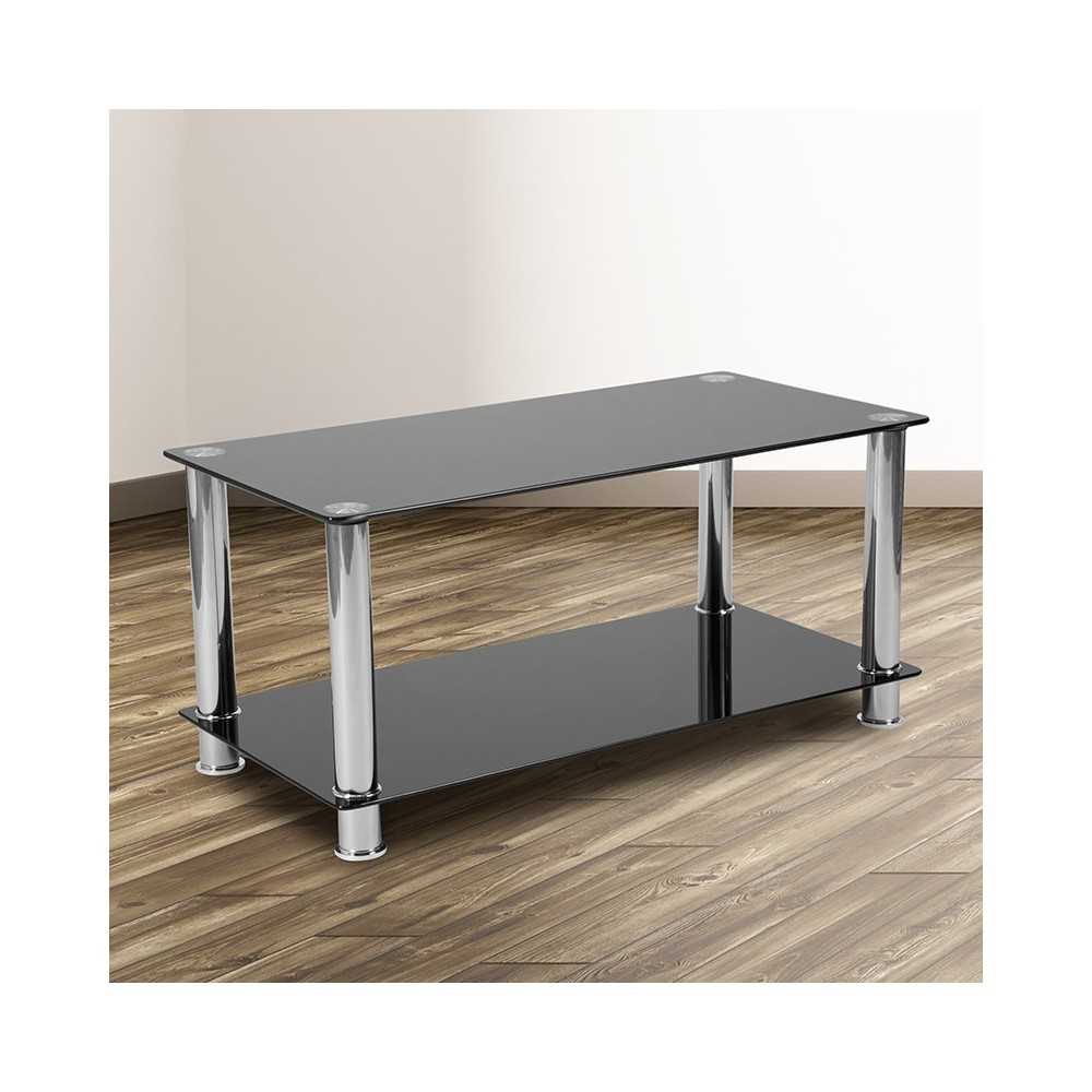 Riverside Collection Black Glass Coffee Table with Shelves and Stainless Steel Frame