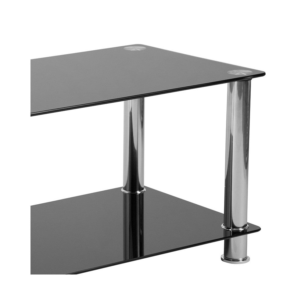 Riverside Collection Black Glass Coffee Table with Shelves and Stainless Steel Frame