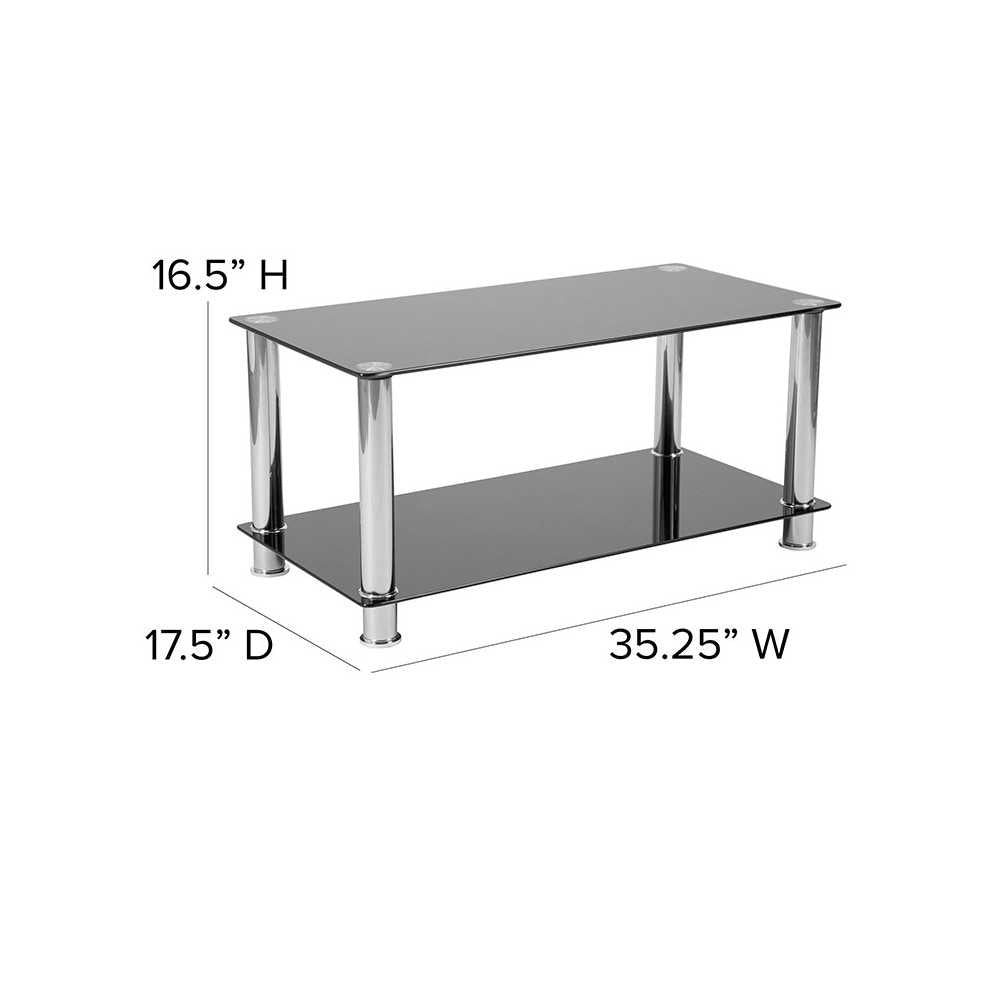 Riverside Collection Black Glass Coffee Table with Shelves and Stainless Steel Frame