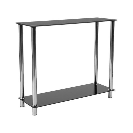 Riverside Collection Black Glass Console Table with Shelves and Stainless Steel Frame