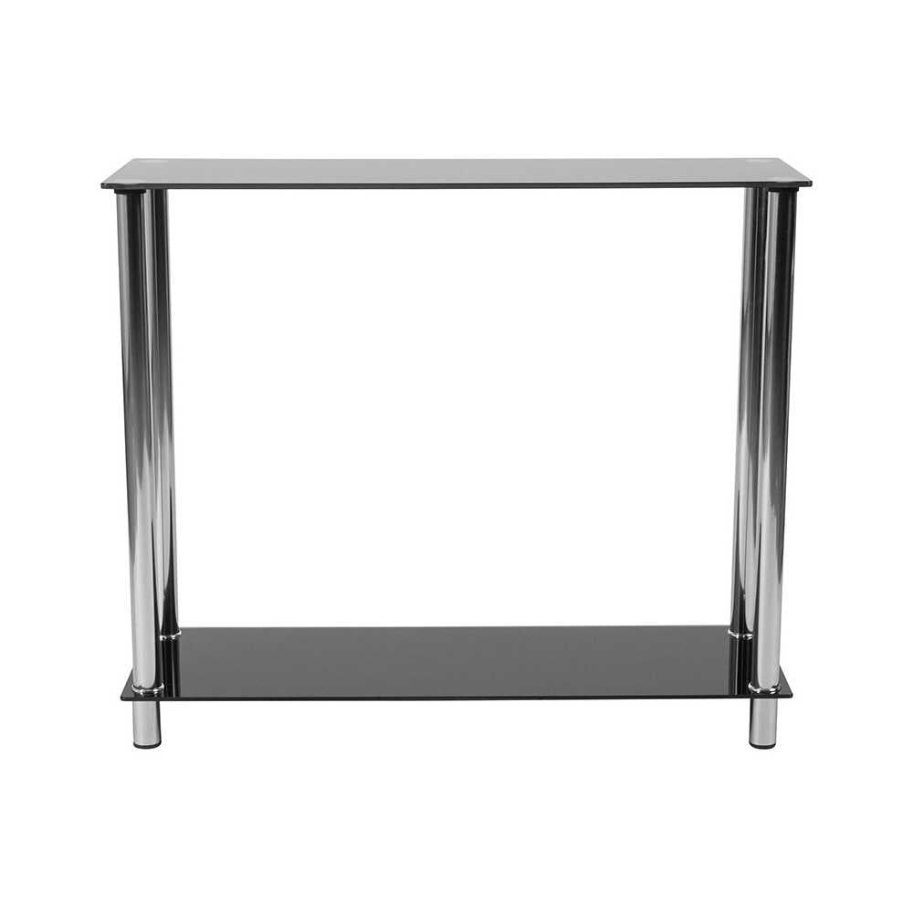 Riverside Collection Black Glass Console Table with Shelves and Stainless Steel Frame