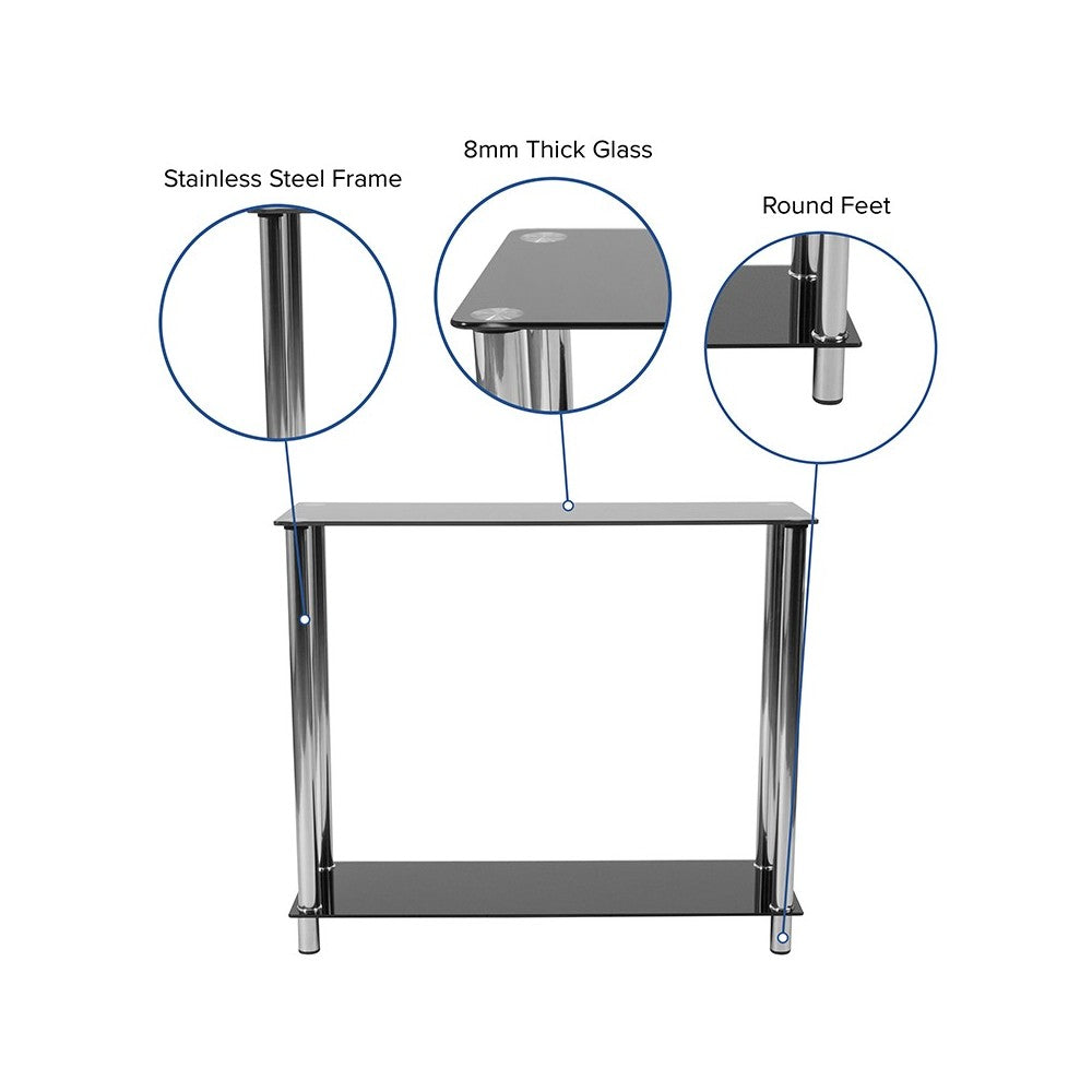 Riverside Collection Black Glass Console Table with Shelves and Stainless Steel Frame