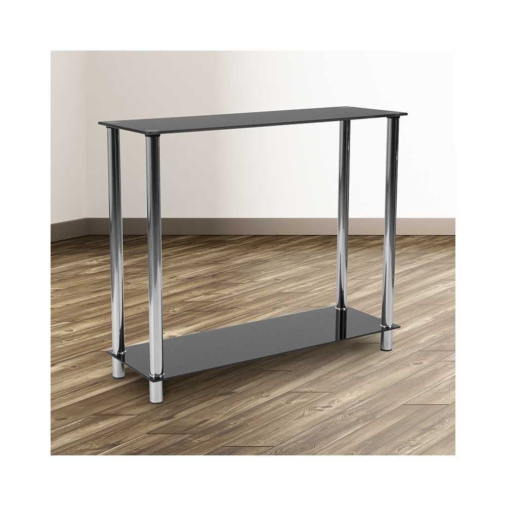 Riverside Collection Black Glass Console Table with Shelves and Stainless Steel Frame