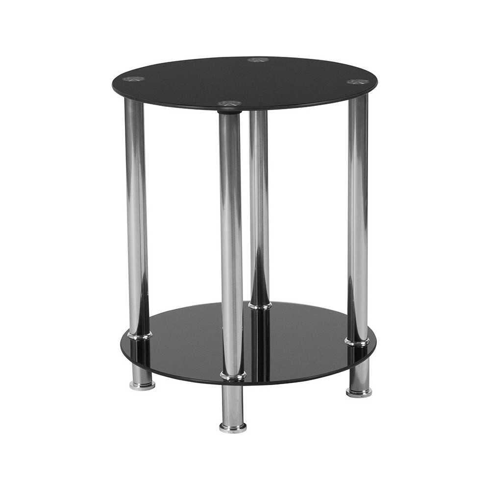 Riverside Collection Black Glass End Table with Shelves and Stainless Steel Frame