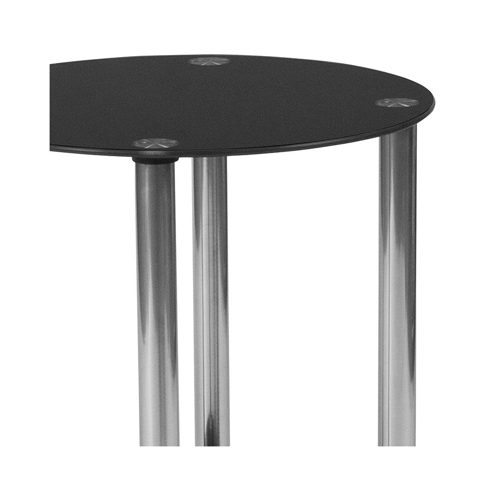 Riverside Collection Black Glass End Table with Shelves and Stainless Steel Frame