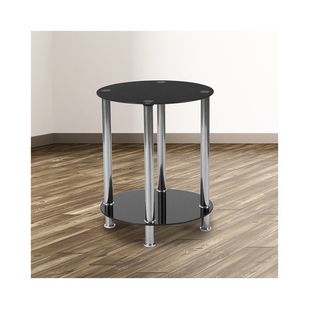 Riverside Collection Black Glass End Table with Shelves and Stainless Steel Frame