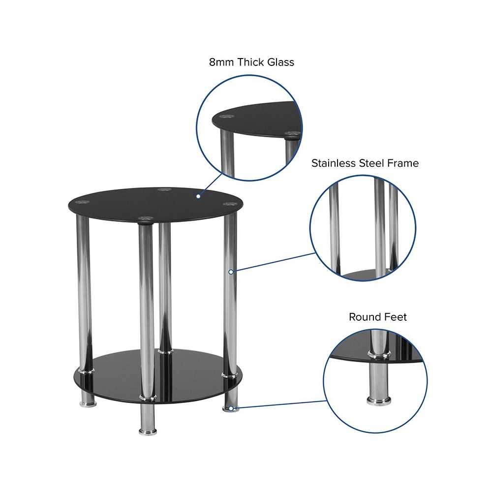 Riverside Collection Black Glass End Table with Shelves and Stainless Steel Frame