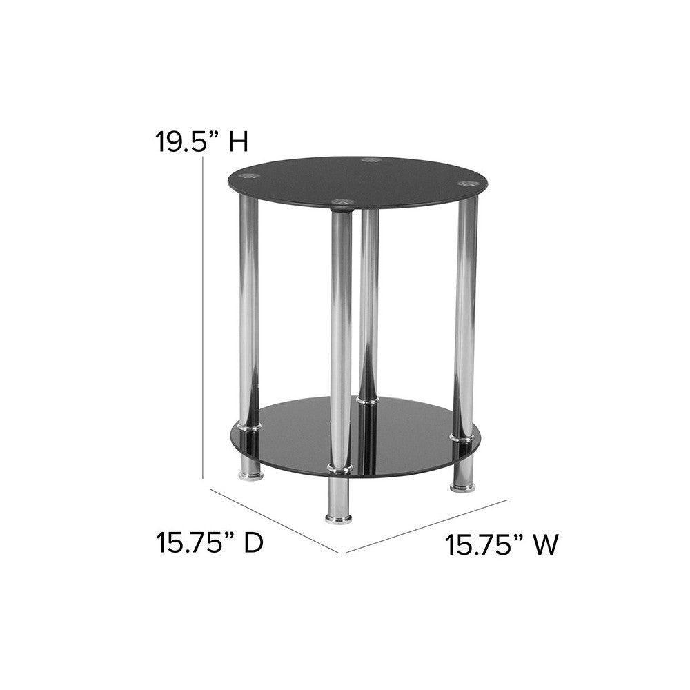 Riverside Collection Black Glass End Table with Shelves and Stainless Steel Frame