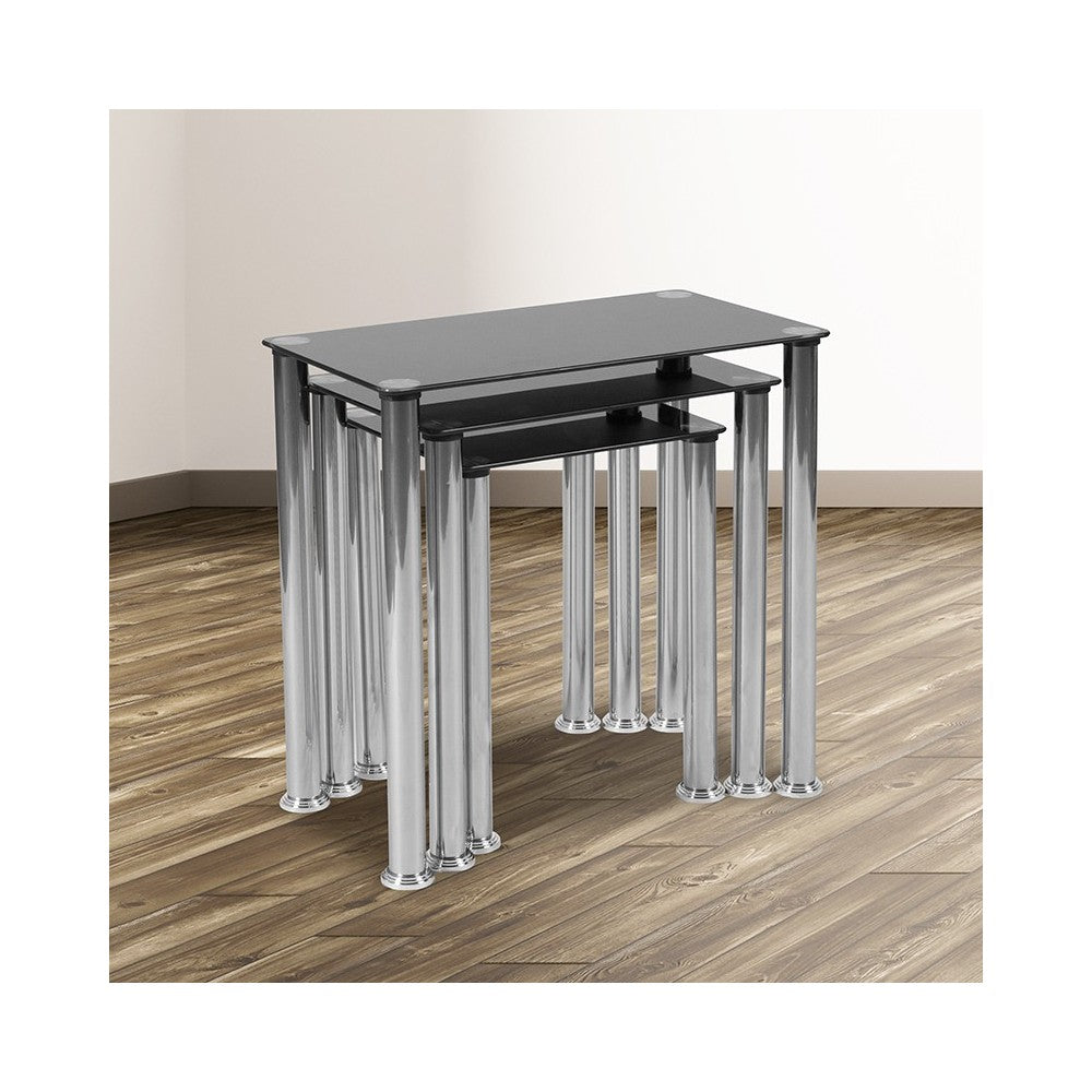 Riverside Collection Black Glass Nesting Tables with Stainless Steel Legs