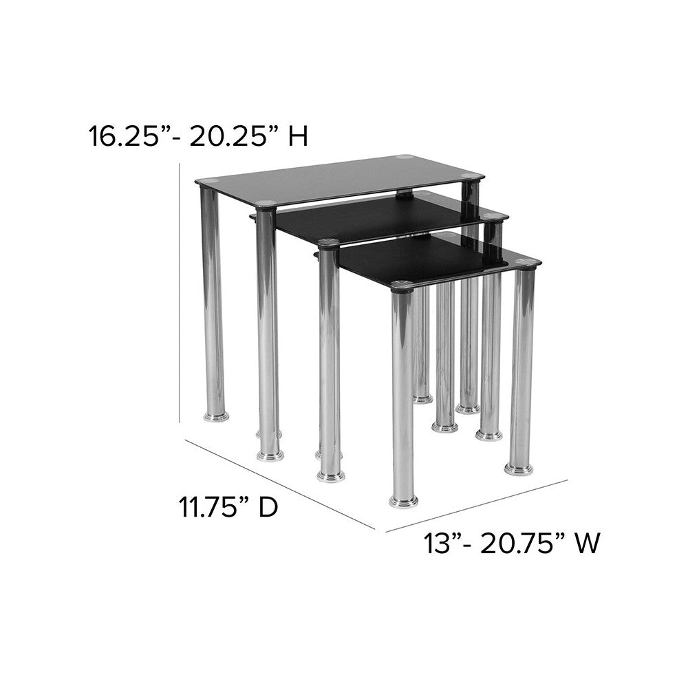 Riverside Collection Black Glass Nesting Tables with Stainless Steel Legs