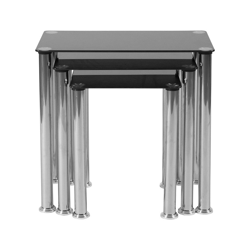 Riverside Collection Black Glass Nesting Tables with Stainless Steel Legs