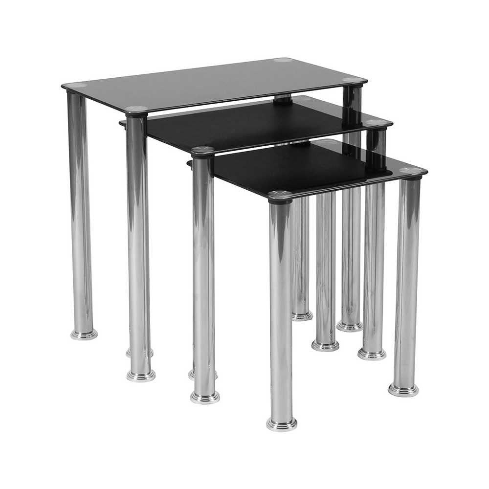 Riverside Collection Black Glass Nesting Tables with Stainless Steel Legs