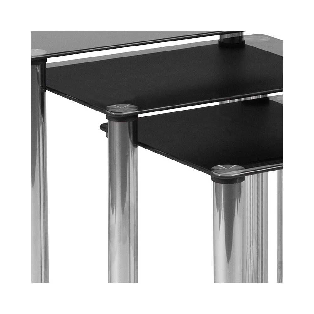 Riverside Collection Black Glass Nesting Tables with Stainless Steel Legs