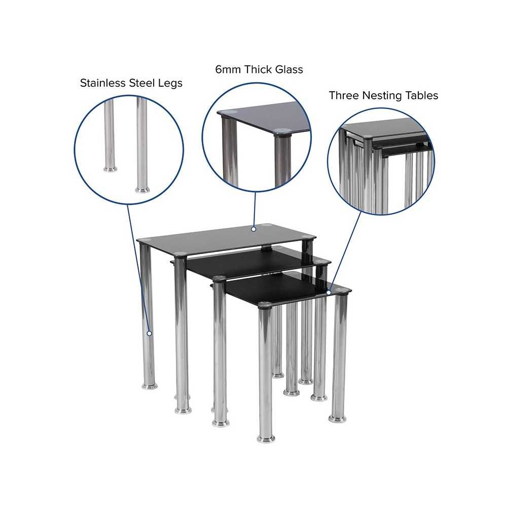 Riverside Collection Black Glass Nesting Tables with Stainless Steel Legs