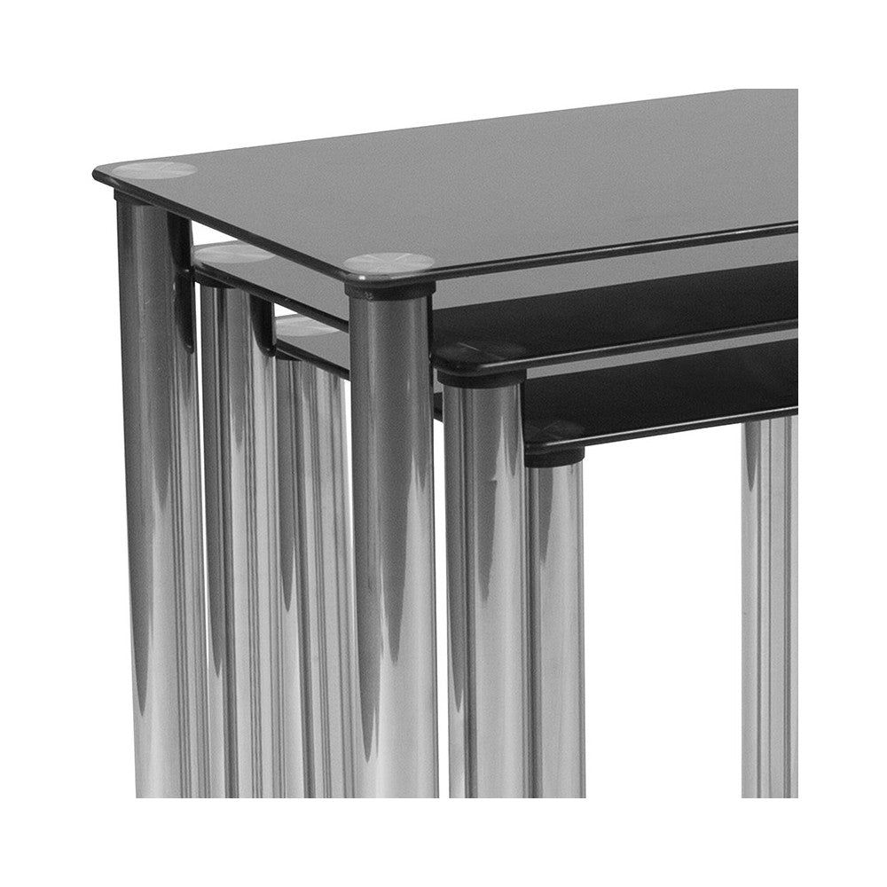 Riverside Collection Black Glass Nesting Tables with Stainless Steel Legs