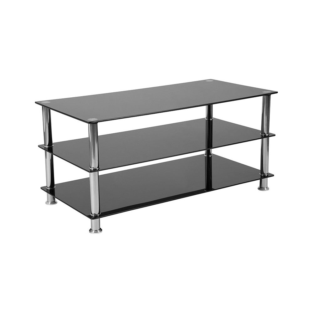 Riverside Collection Black Glass TV Stand with Stainless Steel Frame