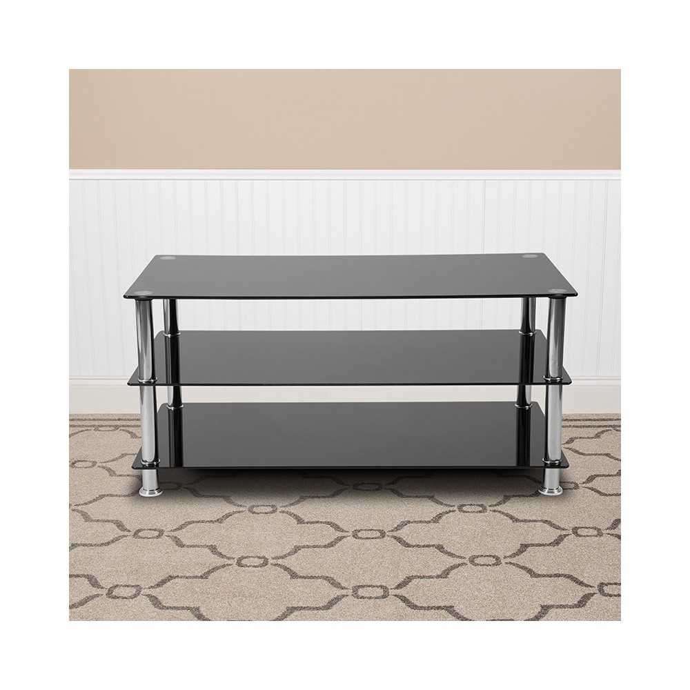 Riverside Collection Black Glass TV Stand with Stainless Steel Frame