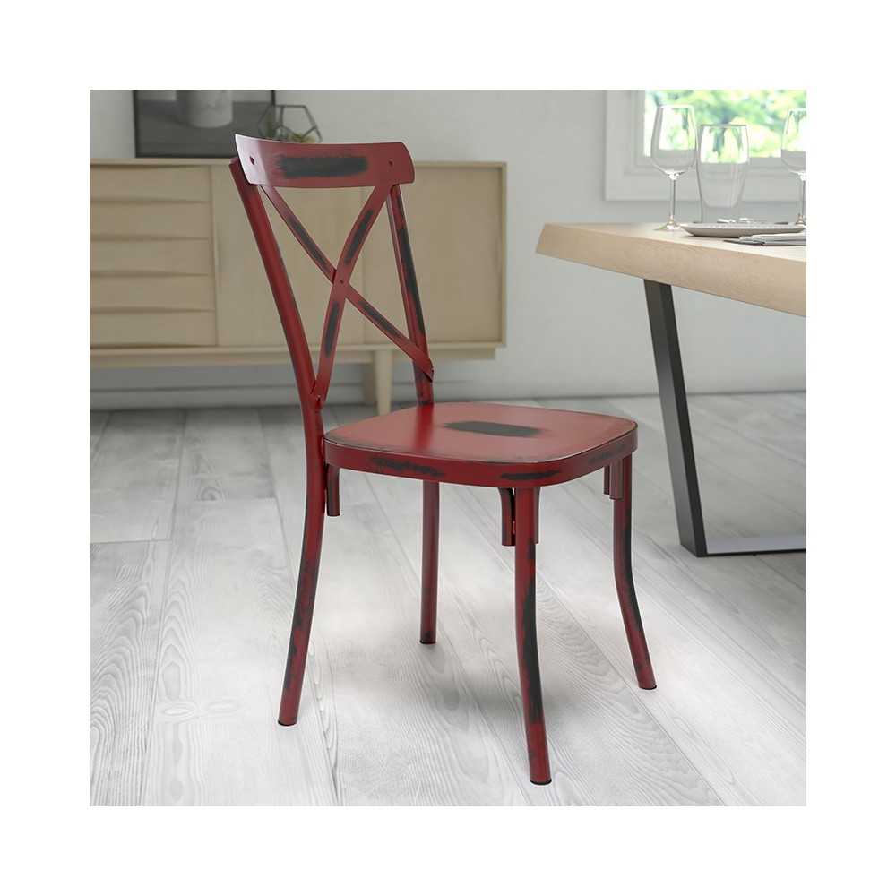 Rustic Distressed Metal Cross Back Chair (Red)