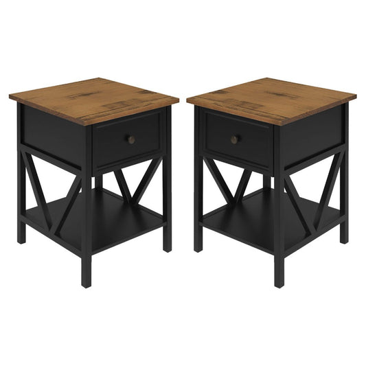 Rustic V-Frame Side Table Set - Rustic Oak/Black