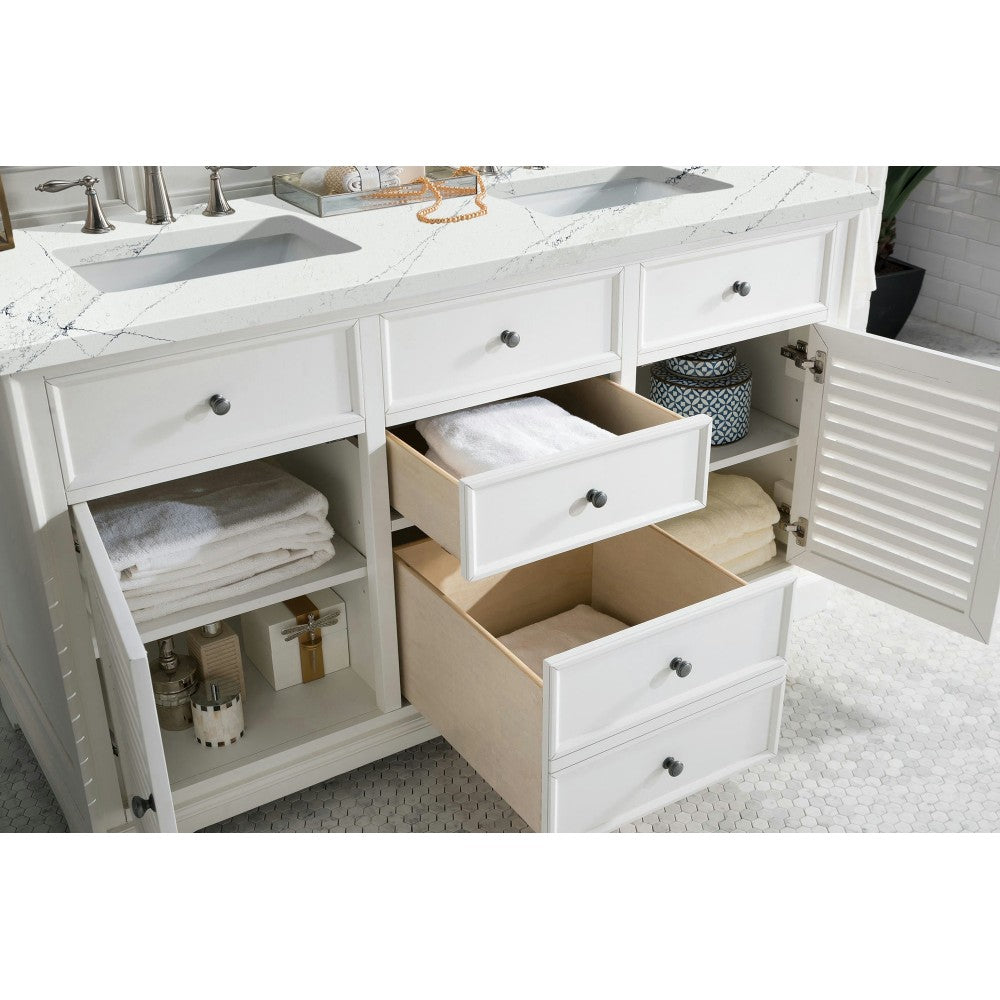 Savannah 60" Double Vanity, Bright White, w/ 3 CM Ethereal Noctis Quartz Top