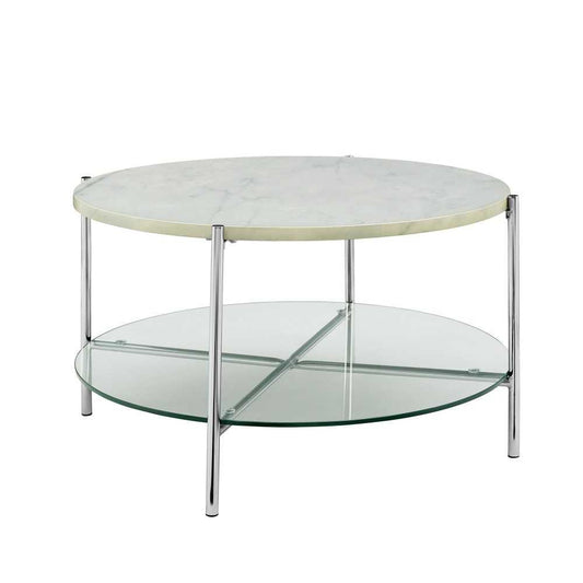 Simone Modern Round Coffee Table - Faux White Marble/Glass/Chrome