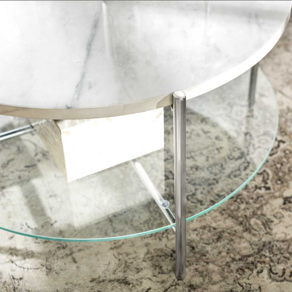 Simone Modern Round Coffee Table - Faux White Marble/Glass/Chrome