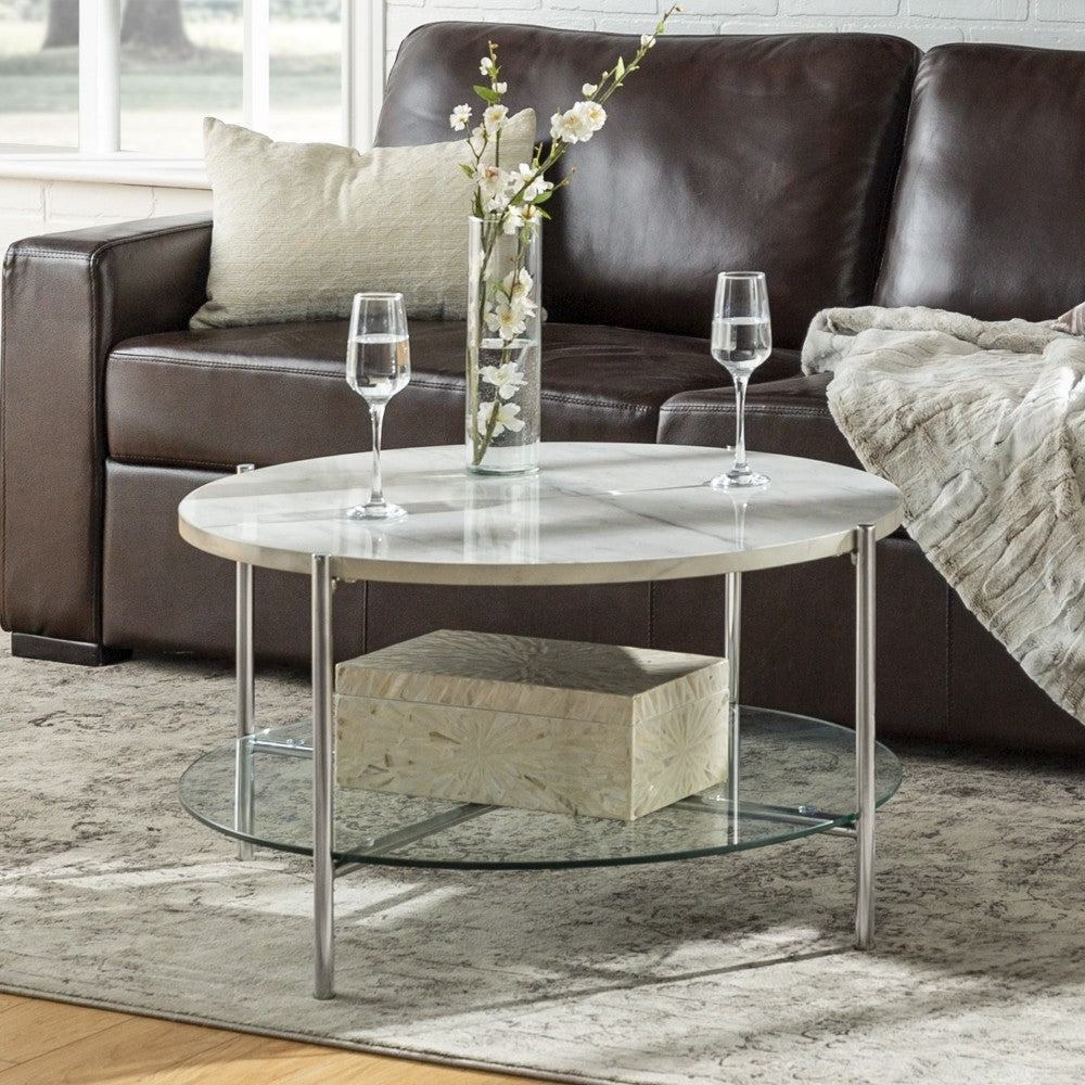 Simone Modern Round Coffee Table - Faux White Marble/Glass/Chrome