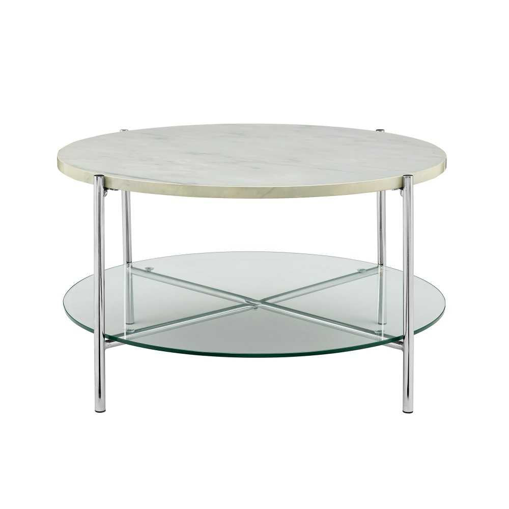 Simone Modern Round Coffee Table - Faux White Marble/Glass/Chrome